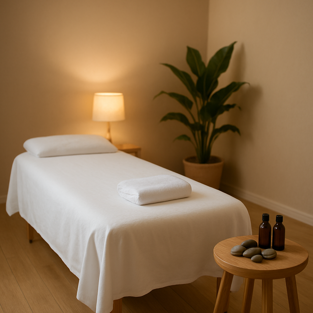 Serene myotherapy treatment room with massage table and calming decor