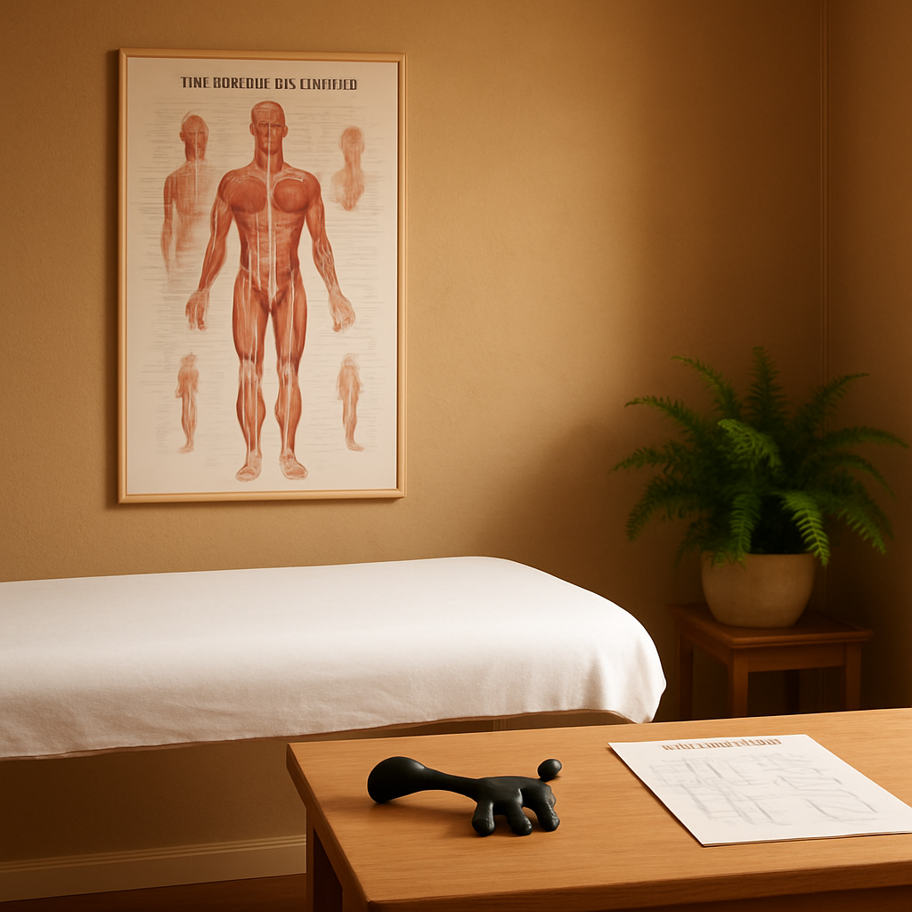 Anatomical charts and myotherapy tools for trigger point treatment