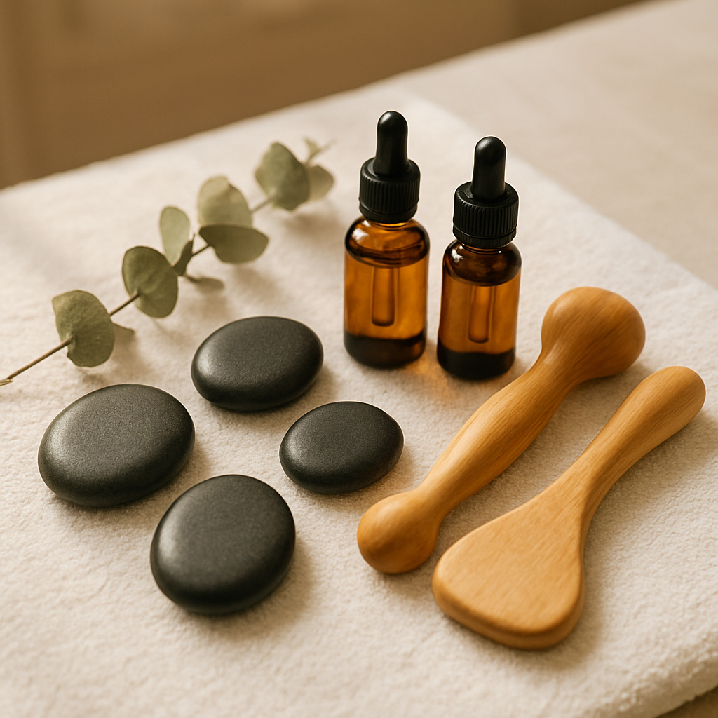 Massage therapy tools including stones and essential oils on a white towel