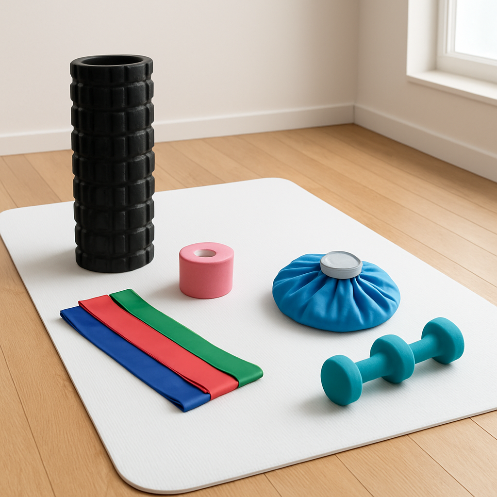 Sports rehabilitation equipment including foam roller, resistance bands and kinesiology tape
